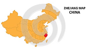 Zhejiang province map highlighted on China map with detailed state and region outline