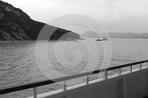 Overlook zhoushan islands on ship, black and white image photo