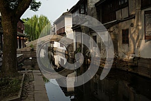 ZHOUZHUANG, CHINA: Old houses and bridge reflection in a village canal