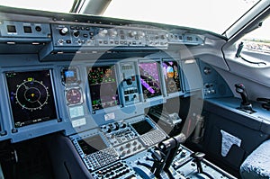 Zhukovskiy, Russia - August 28, 2015: Sukhoi Superjet 100 RA-89034 Yamal Airlines cockpit view