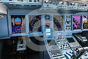 Zhukovskiy, Russia - August 28, 2015: Sukhoi Superjet 100 RA-89034 Yamal Airlines cockpit view