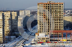 Zhukovsky, Russia - January, 2021: View from the top to the city streets