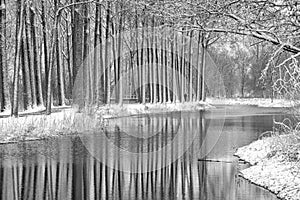 Zicht op het water in park Puyenbroeck tijdens winter