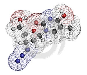 Zidovudine azidothymidine, AZT HIV drug molecule. Atoms are represented as spheres with conventional color coding: hydrogen . photo