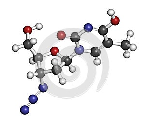 Zidovudine azidothymidine, AZT HIV drug molecule. Atoms are represented as spheres with conventional color coding: hydrogen . photo