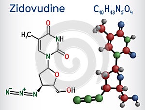 Zidovudine, ZDV, azidothymidine, AZT molecule. It is synthetic dideoxynucleoside. Structural chemical formula, molecule model photo