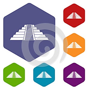 Ziggurat in Chichen Itza icons set hexagon