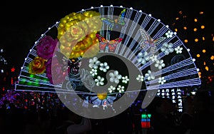 The Zigong Lantern Festival in Zigong, Sichuan, China. Fan display with flowers and butterflies.