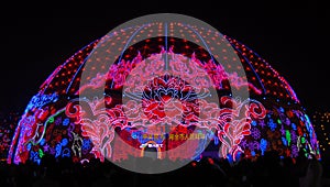 The Zigong Lantern Festival in Zigong, Sichuan, China. Colorful domed exhibition hall.