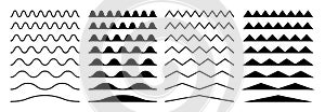 Zigzag borders. Jagged wavy decorations, serrate wave stripes. Isolated black squiggle headers or dividers, paper edge