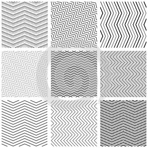 Zigzag seamless pattern set. Vector zig zag black simple line patterns