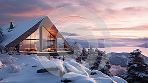 Zigzag shaped modern cabin by ocean in Scandinavian snowy mountain landscape sunset