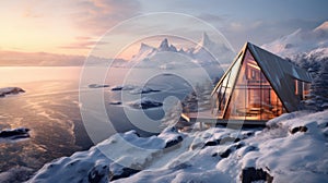 Zigzag shaped modern cabin by ocean in Scandinavian snowy mountain landscape sunset