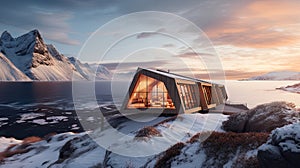 Zigzag shaped modern cabin by ocean in Scandinavian snowy mountain landscape sunset