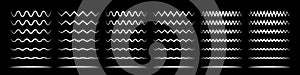 Zigzag wave line patterns, smooth end squiggly horizontal white lines. Vector curvy underlines