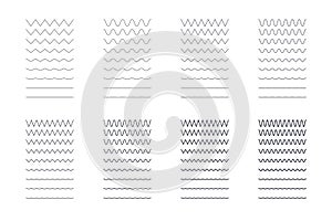 Zigzag wavy lines set. Editable stroke. Sharp and rounded seamless patterns of different thicknesses. Vector stock illustration on