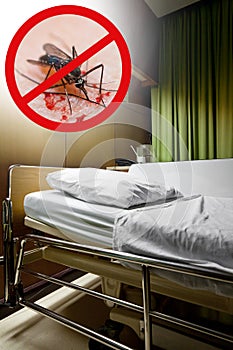 Zika virus. Clean empty sickbed in a hospital ward with stop mos