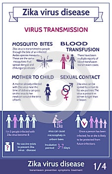 Zika virus infographic with icons and text.Information about transmission of illness.Health care concept.