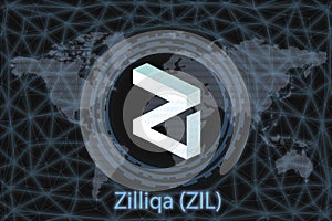 Zilliqa ZIL Abstract Cryptocurrency. With a dark background and a world map. Graphic concept for your design