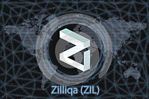 Zilliqa ZIL Abstract Cryptocurrency. With a dark background and a world map. Graphic concept for your design photo