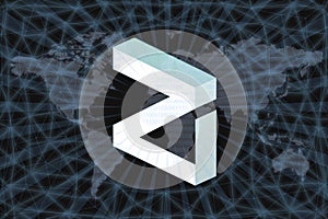 Zilliqa ZIL Abstract Cryptocurrency. With a dark background and a world map. Graphic concept for your design photo