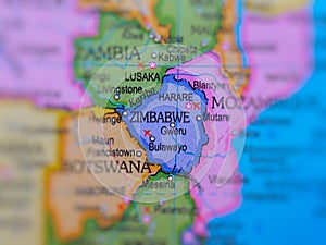 Zimbabwe country and location on map, macro shot and close-up of Zimbabwe on map