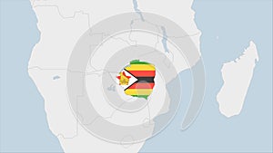 Zimbabwe map highlighted in Zimbabwe flag colors and pin of country capital Harare