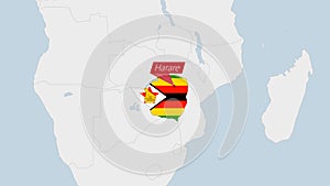 Zimbabwe map highlighted in Zimbabwe flag colors and pin of country capital Harare