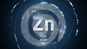 Zinc as Element 30 of the Periodic Table 3D illustration on blue background