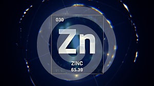 Zinc as Element 30 of the Periodic Table 3D illustration on blue background