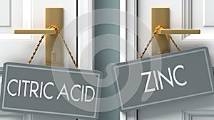 Zinc or citric acid as a choice in life - pictured as words citric acid, zinc on doors to show that citric acid and zinc are