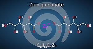 Zinc gluconate molecule. It is ionic compound, zinc salt of gluconic acid, trace mineral supplement. Structural chemical formula