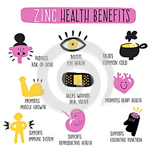 Zinc health benefits. Infographics. Vector cartoon illustration