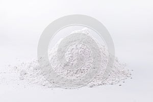 Zinc iodide or Zn2 iodide, white powder. Chemical compound of zinc and iodine on pure white background