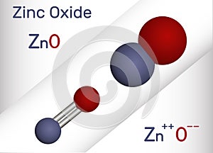 Zinc oxide, ZnO molecule. It is inorganic compound, mineral ingredient of various pharmacological preparations. Structural