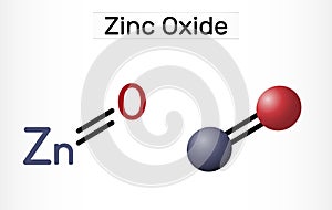 Zinc oxide, ZnO molecule. It is inorganic compound, mineral ingredient of various pharmacological preparations. Structural