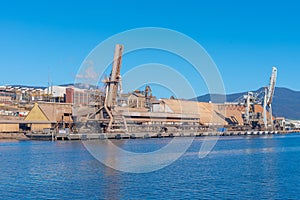 Zinc smelter on shore of Derwent river in Hobart, Australia