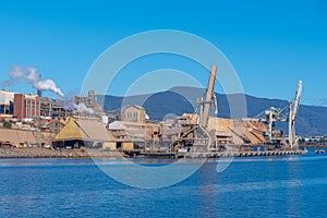 Zinc smelter on shore of Derwent river in Hobart, Australia