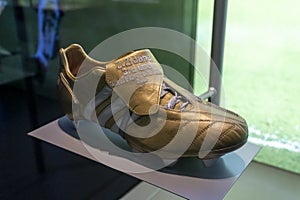 Zinedine Zidane`s football boots on display in 3-2-1 Qatar Olympic and Sports Museum.