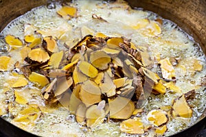 Zingiber montanum or phlai rhizome slices fried in oil