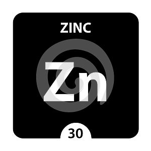 Zink Zn chemical element. Zink Sign with atomic number. Chemical 30 element of periodic table. Periodic Table of the Elements with