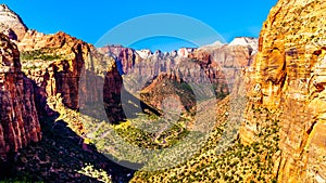 Zion Canyon, with the hairpin curves of the Zion-Mount Carmel Highway in Zion National Park, Utah