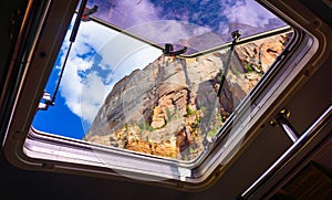 Zion National Park as Viewed through bus skylight window