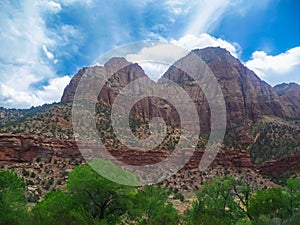 Zion National Park - Scenic view of massive red rock formation and cliffs in Zion National Park Canyon, Utah, USA.