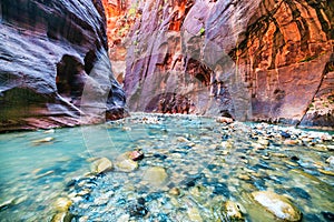 Zion National Park, Utah, USA, narrowing trail. Beautiful scenery, primeval nature, views of incredibly picturesque cliffs and