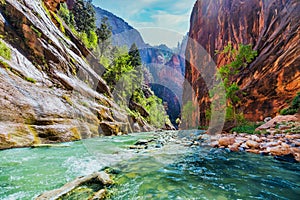 Zion National Park, Utah, USA, narrowing trail. Beautiful scenery, views of incredibly picturesque cliffs and mountains. Concept,