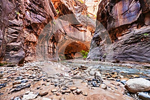 Zion National Park, Utah, USA, narrowing trail. Beautiful scenery, views of incredibly picturesque cliffs and mountains. Concept,
