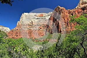 Zion National Park with Virgin River Canyon and Great White Throne, Southwest Desert Landscape, Utah