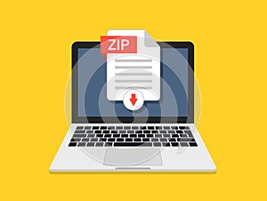 Zip document. Download zip file in computer. Icon of upload in laptop. Digital file from internet. Click to save of document with