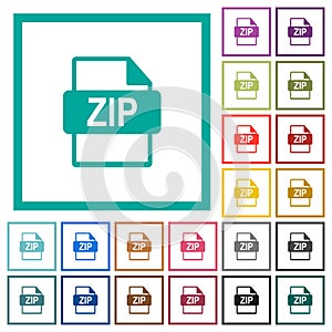 ZIP file format flat color icons with quadrant frames